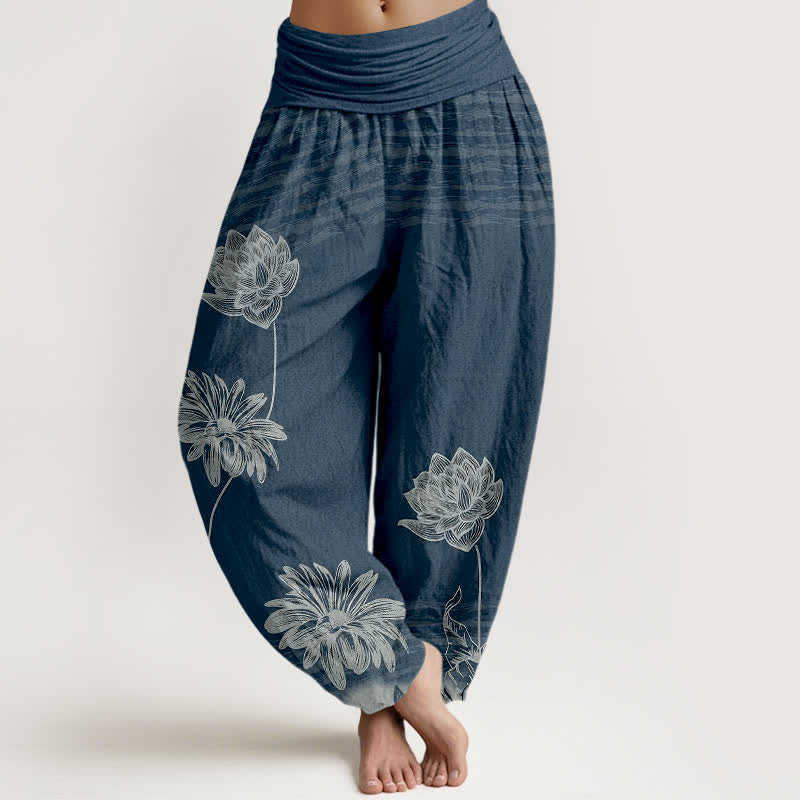 Buddha Stones Pantalones harem de algodón para mujer con diseño Lotus de talle alto. - Azul oscuro - US16，UK/AU20，EU48 (3XL) - image 0
