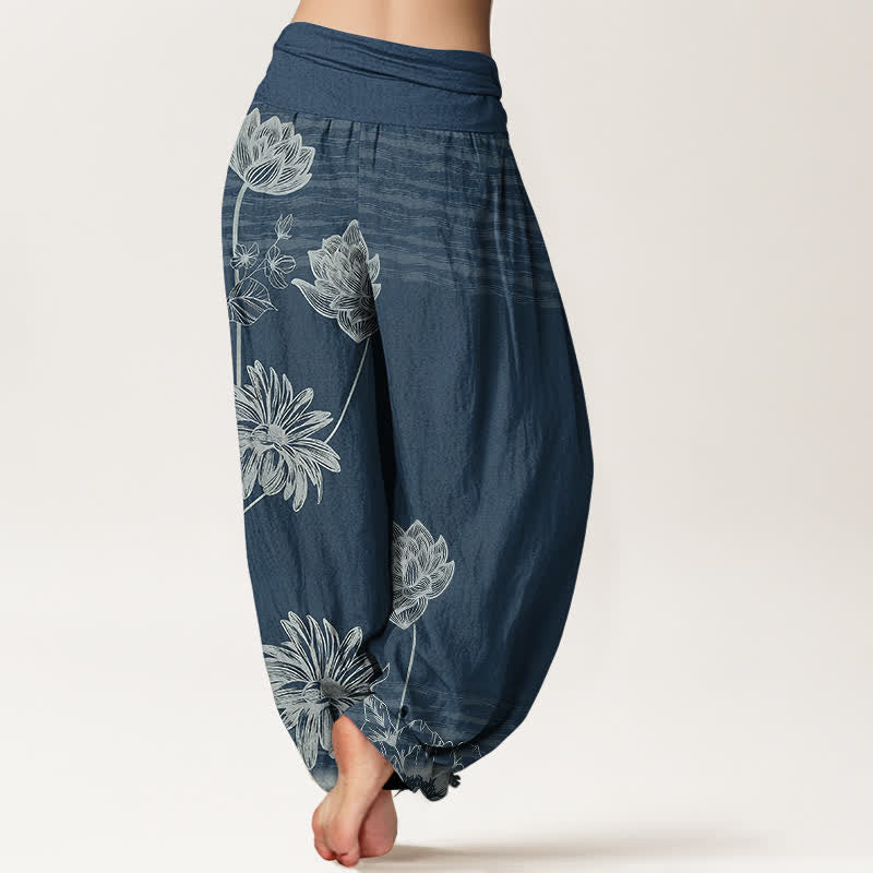 Buddha Stones Pantalones harem de algodón para mujer con diseño Lotus de talle alto. - image 1