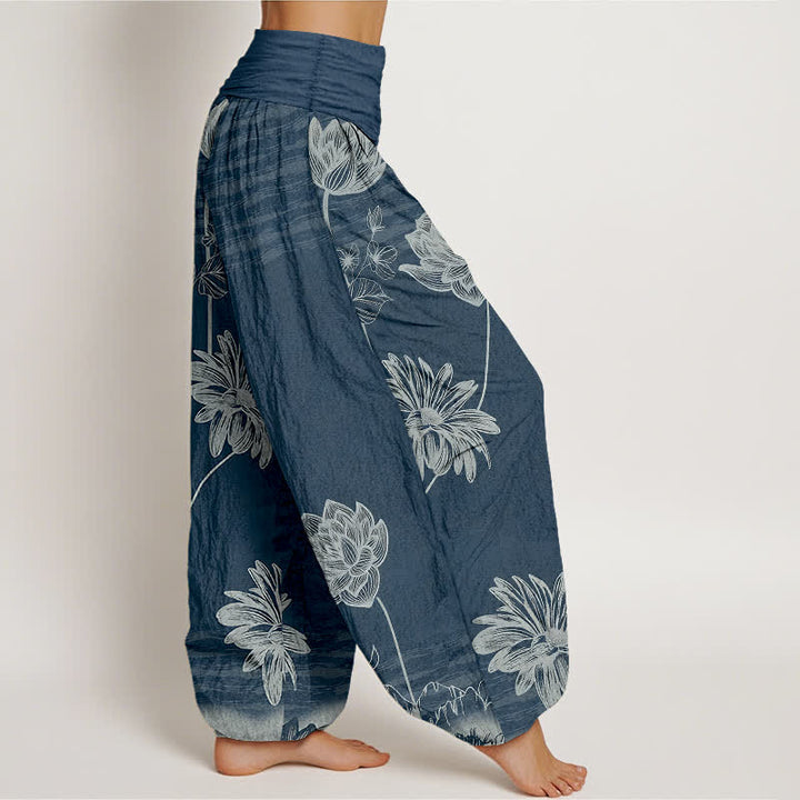 Buddha Stones Pantalones harem de algodón para mujer con diseño Lotus de talle alto. - image 2