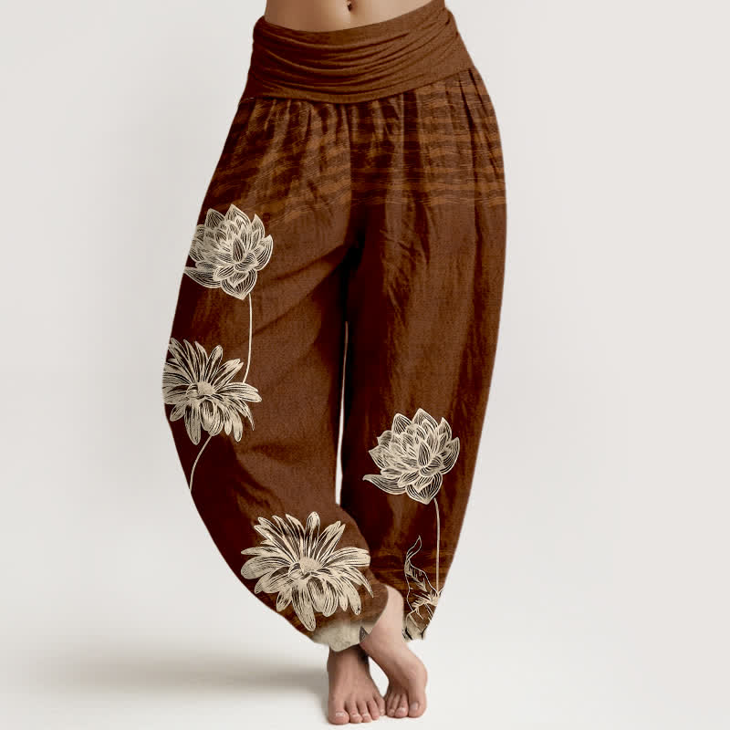 Buddha Stones Pantalones harem de algodón para mujer con diseño Lotus de talle alto. - Marrón silla de montar - US16，UK/AU20，EU48 (3XL) - image 5