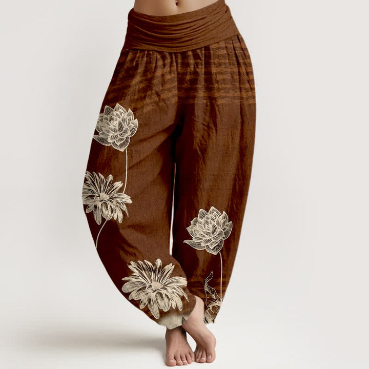 Buddha Stones Pantalones harem de algodón para mujer con diseño Lotus de talle alto. - Marrón silla de montar - US16，UK/AU20，EU48 (3XL) - image 5