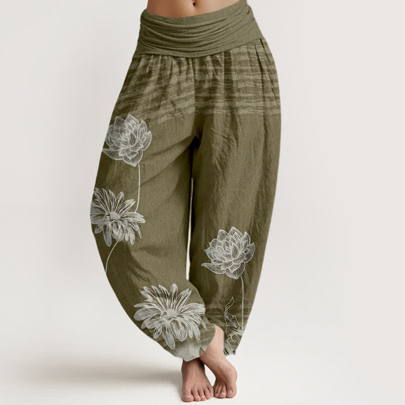 Buddha Stones Pantalones harem de algodón para mujer con diseño Lotus de talle alto. - Aceituna - US16，UK/AU20，EU48 (3XL) - image 8