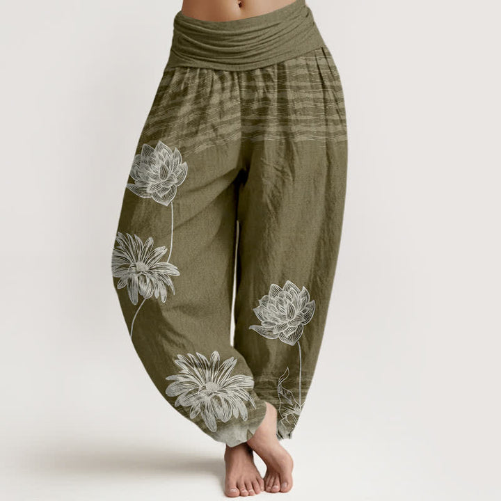 Buddha Stones Pantalones harem de algodón para mujer con diseño Lotus de talle alto. - Aceituna - US16，UK/AU20，EU48 (3XL) - image 8