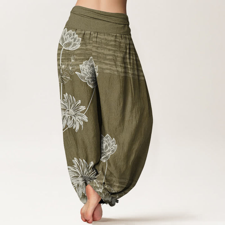 Buddha Stones Pantalones harem de algodón para mujer con diseño Lotus de talle alto. - image 9