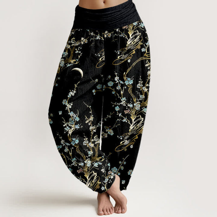 Buddha Stones Pantalones harem de mujer de algodón puro con estampado de ramas de flores de ciruelo y cintura elástica. - Negro - US16，UK/AU20，EU48 (3XL) - image 0