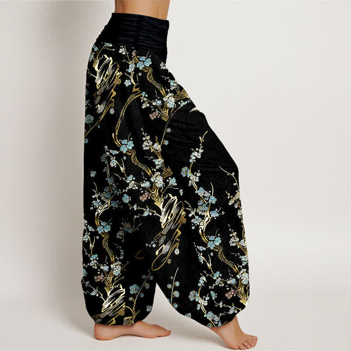 Buddha Stones Pantalones harem de mujer de algodón puro con estampado de ramas de flores de ciruelo y cintura elástica. - image 2