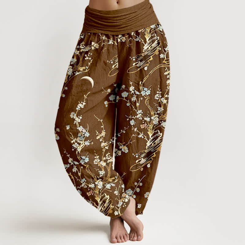 Buddha Stones Pantalones harem de mujer de algodón puro con estampado de ramas de flores de ciruelo y cintura elástica. - Gris pizarra oscuro - US16，UK/AU20，EU48 (3XL) - image 5