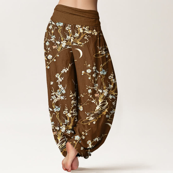 Buddha Stones Pantalones harem de mujer de algodón puro con estampado de ramas de flores de ciruelo y cintura elástica. - image 6