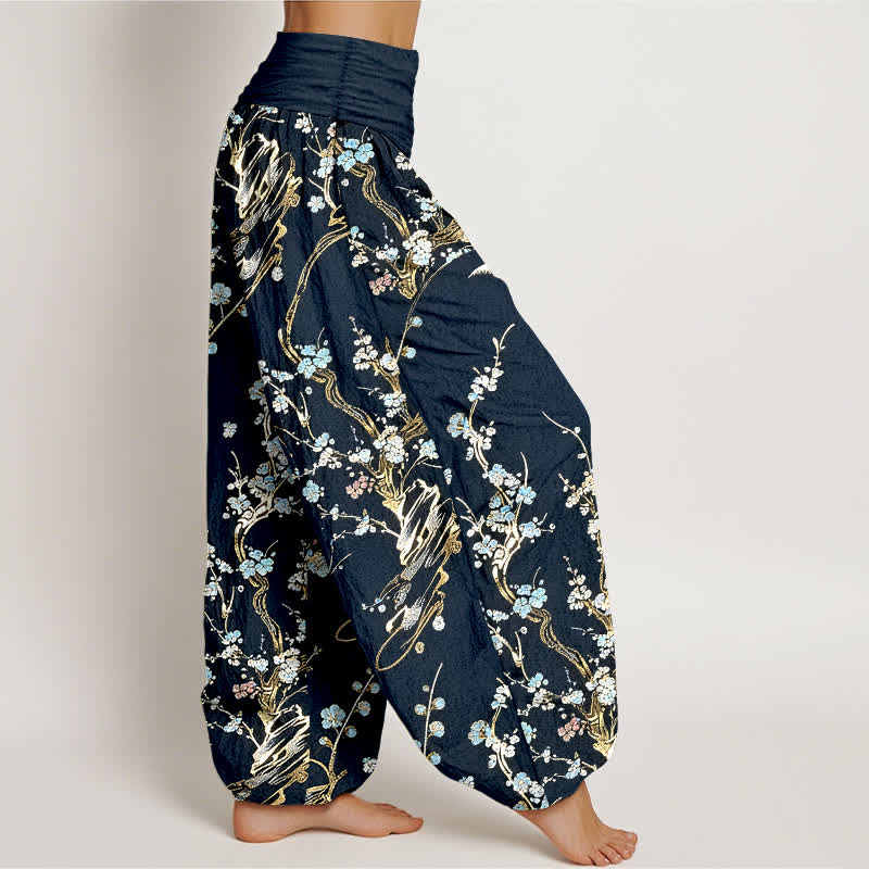 Buddha Stones Pantalones harem de mujer de algodón puro con estampado de ramas de flores de ciruelo y cintura elástica. - image 10