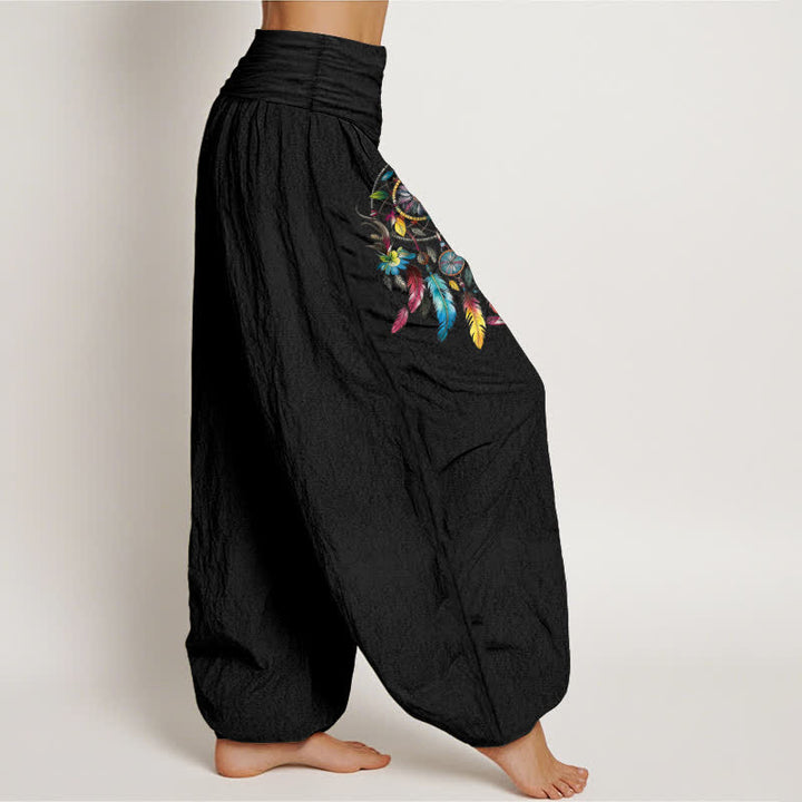 Buddha Stones Pantalones harem de mujer de talle alto con estampado de atrapasueños dobles de algodón coloridos. - image 2