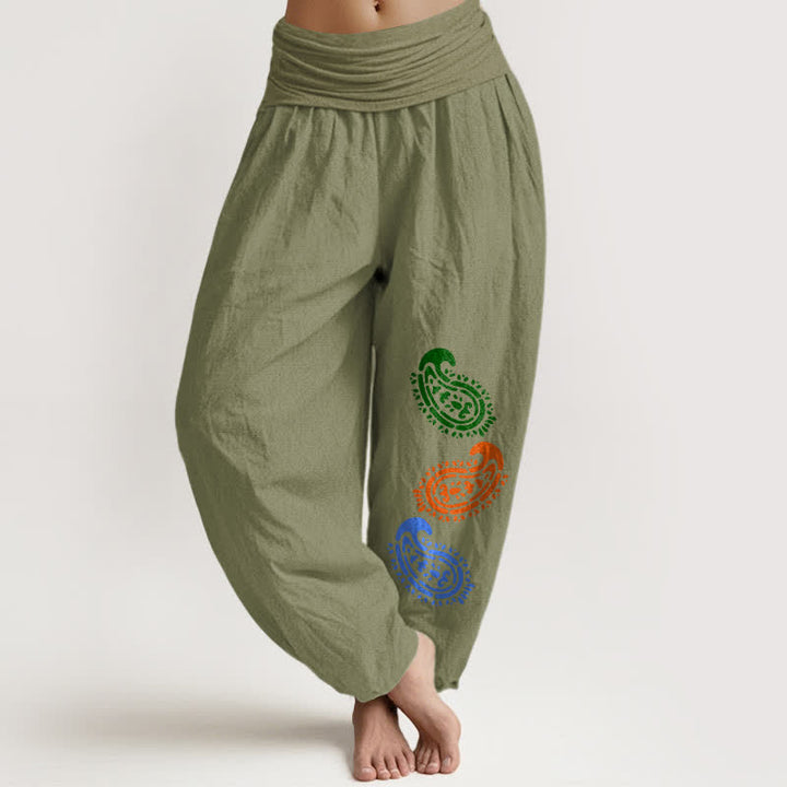 Buddha Stones Pantalones harem de mujer de talle alto con estampado paisley colorido y algodón puro. - Verde oliva - US16，UK/AU20，EU48 (3XL) - image 14