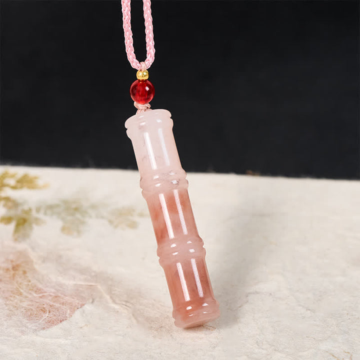 Buddha Stones Colgante de protección de jade y cuarcita rosa natural tallada en bambú - image 1