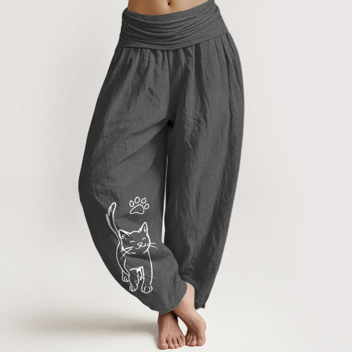 Buddha Stones Pantalones harem de algodón puro con estampado de gato y cintura elástica para mujer. - Gris oscuro - US16，UK/AU20，EU48 (3XL) - image 0