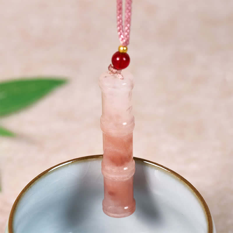 Buddha Stones Colgante de protección de jade y cuarcita rosa natural tallada en bambú - image 3