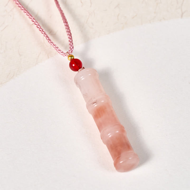 Buddha Stones Colgante de protección de jade y cuarcita rosa natural tallada en bambú - image 2