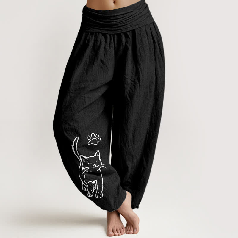 Buddha Stones Pantalones harem de algodón puro con estampado de gato y cintura elástica para mujer. - Negro - US22，UK/AU26，EU54 (6XL) - image 5