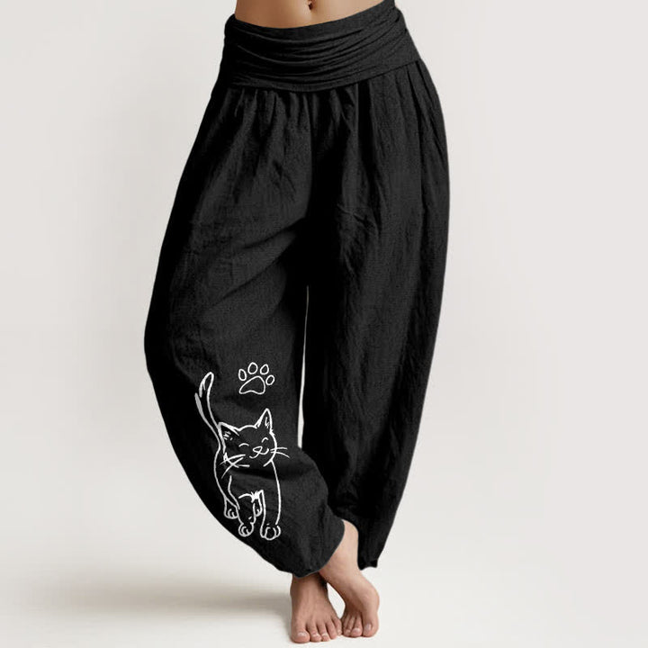 Buddha Stones Pantalones harem de algodón puro con estampado de gato y cintura elástica para mujer. - Negro - US16，UK/AU20，EU48 (3XL) - image 5