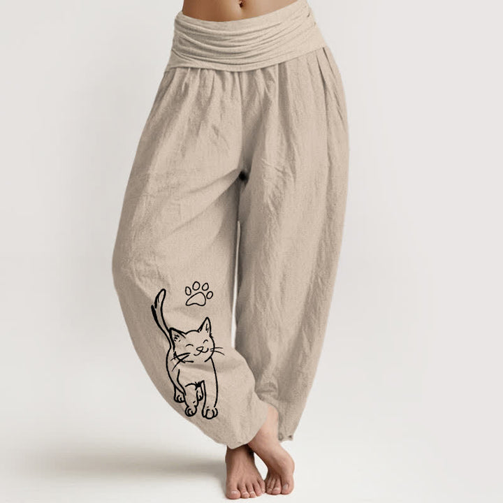 Buddha Stones Pantalones harem de algodón puro con estampado de gato y cintura elástica para mujer. - Broncearse - US16，UK/AU20，EU48 (3XL) - image 11