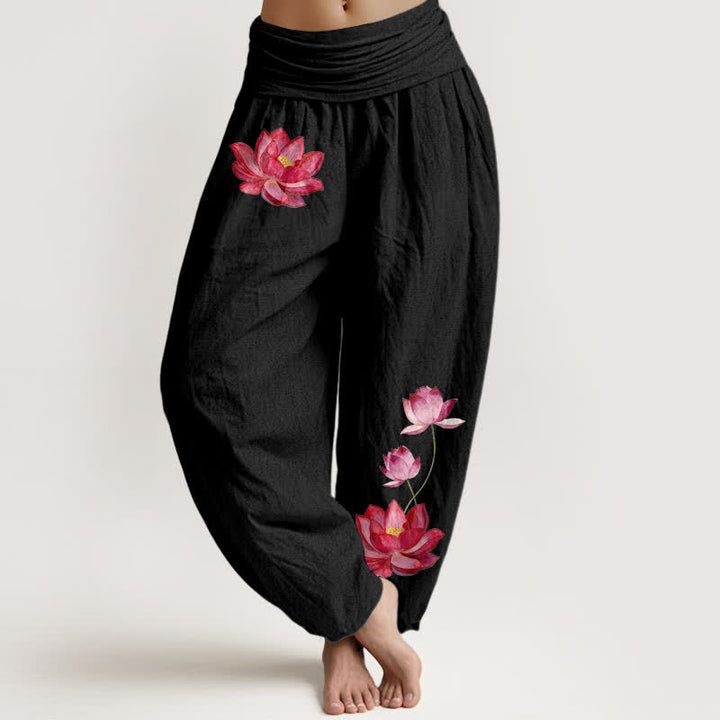 Buddha Stones Pantalones harem de algodón puro para mujer con estampado de loto rosa y cintura elástica alta. - Negro - US16，UK/AU20，EU48 (3XL) - image 0