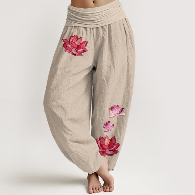 Buddha Stones Pantalones harem de algodón puro para mujer con estampado de loto rosa y cintura elástica alta. - Broncearse - US16，UK/AU20，EU48 (3XL) - image 11