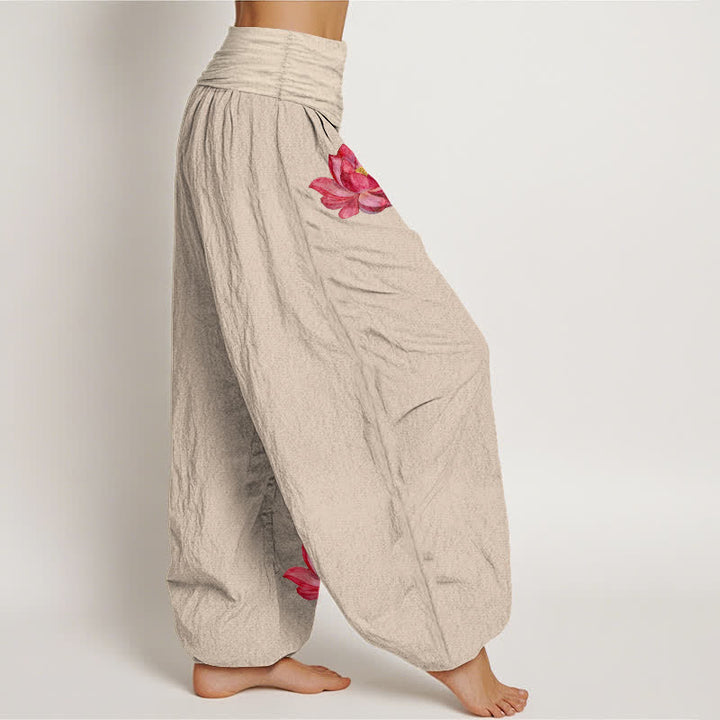 Buddha Stones Pantalones harem de algodón puro para mujer con estampado de loto rosa y cintura elástica alta. - image 13