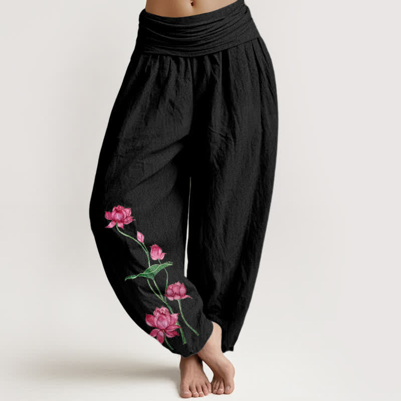 Buddha Stones Pantalones harem de mujer con cintura elástica y estampado de flores y hojas de loto, de algodón puro. - Negro - US16，UK/AU20，EU48 (3XL) - image 5