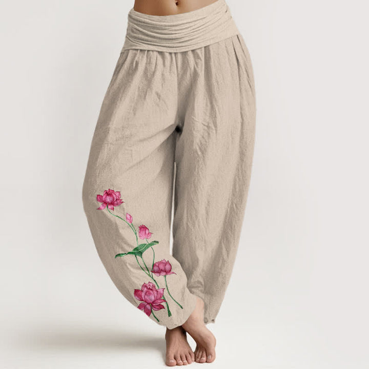 Buddha Stones Pantalones harem de mujer con cintura elástica y estampado de flores y hojas de loto, de algodón puro. - Broncearse - US16，UK/AU20，EU48 (3XL) - image 11