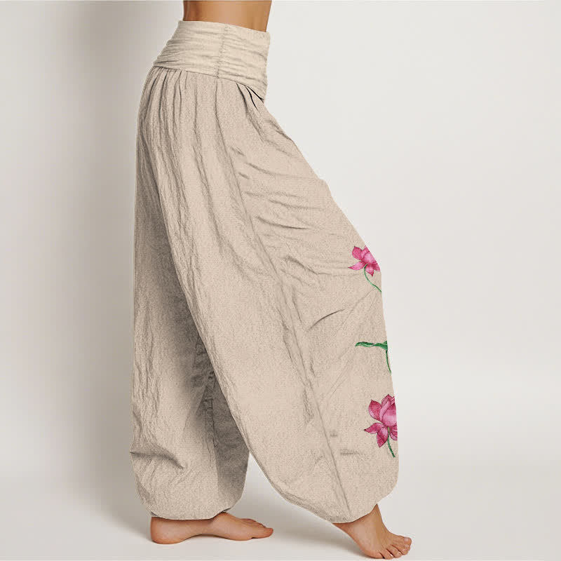 Buddha Stones Pantalones harem de mujer con cintura elástica y estampado de flores y hojas de loto, de algodón puro. - image 13