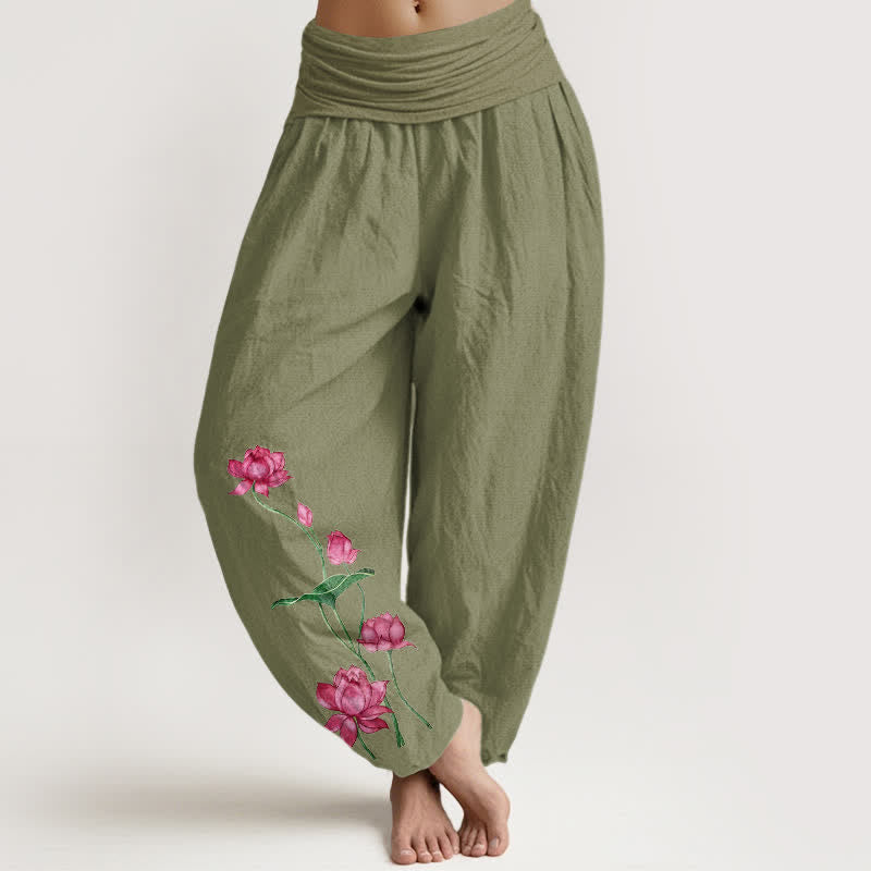 Buddha Stones Pantalones harem de mujer con cintura elástica y estampado de flores y hojas de loto, de algodón puro. - Verde oliva - US16，UK/AU20，EU48 (3XL) - image 14