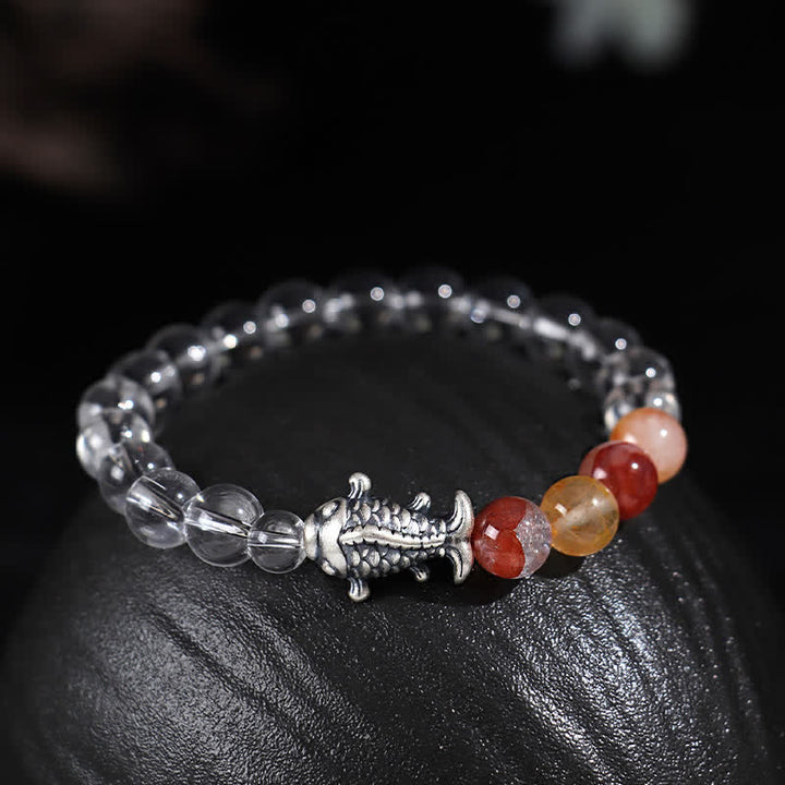 Buddha Stones Pulsera protectora de cuarzo transparente y plata de ley 999 con diseño de pez koi. - Cuarzo transparente (circunferencia de la muñeca: 15–16 cm) - image 0