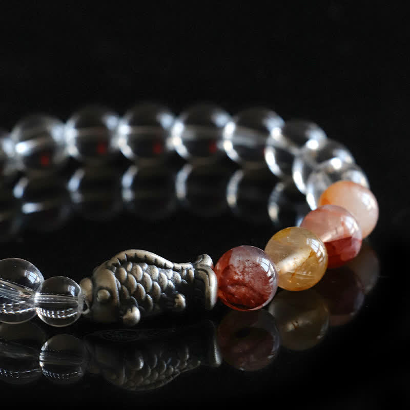 Buddha Stones Pulsera protectora de cuarzo transparente y plata de ley 999 con diseño de pez koi. - image 9