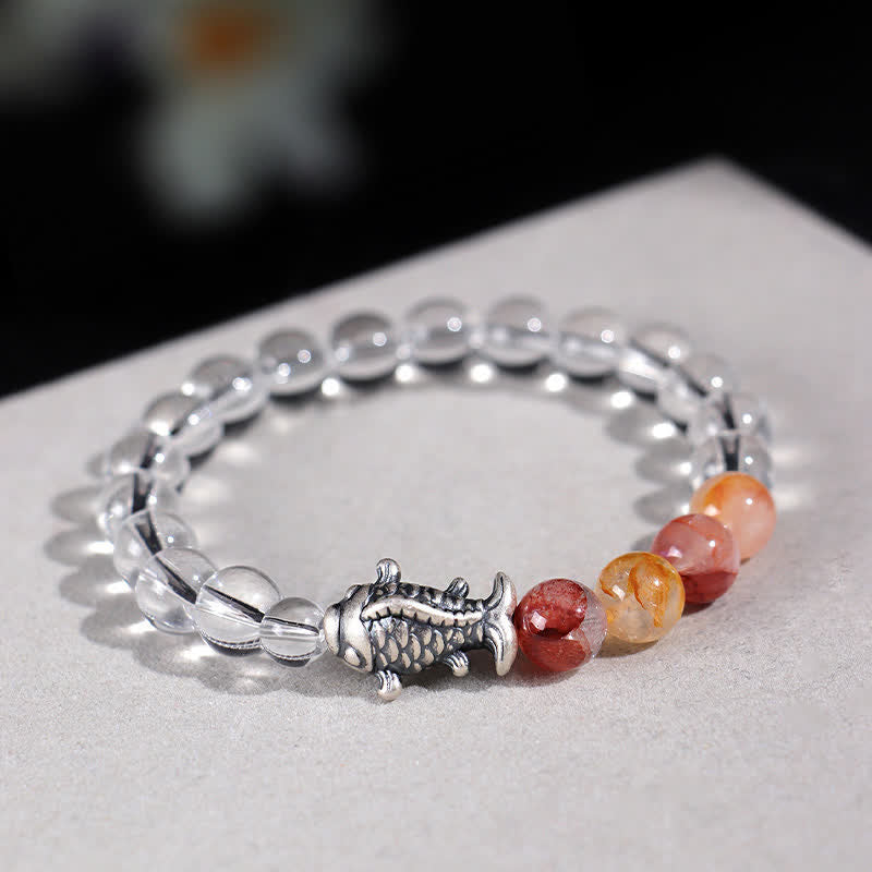 Buddha Stones Pulsera protectora de cuarzo transparente y plata de ley 999 con diseño de pez koi. - image 4