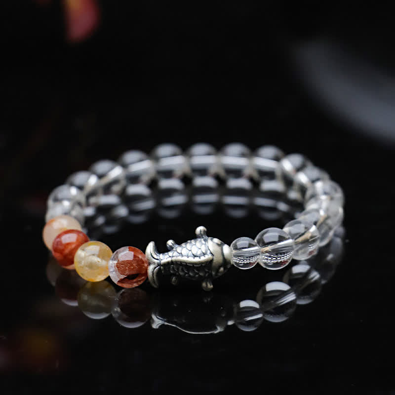 Buddha Stones Pulsera protectora de cuarzo transparente y plata de ley 999 con diseño de pez koi. - image 3