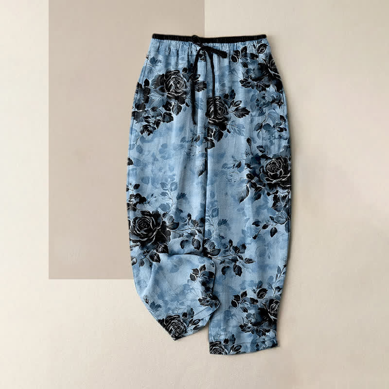 Buddha Stones Pantalones de mujer de algodón puro con estampado de rosas, cintura elástica, cordón ajustable y bolsillos. - Azul cielo claro - US16，UK/AU20，EU48 (3XL) - image 4