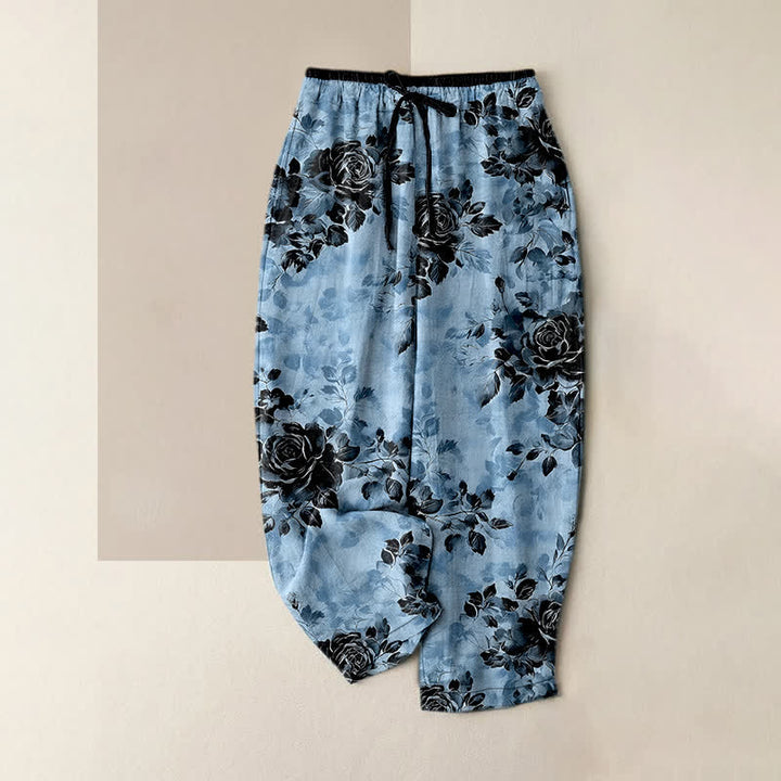 Buddha Stones Pantalones de mujer de algodón puro con estampado de rosas, cintura elástica, cordón ajustable y bolsillos. - Azul cielo claro - US16，UK/AU20，EU48 (3XL) - image 4