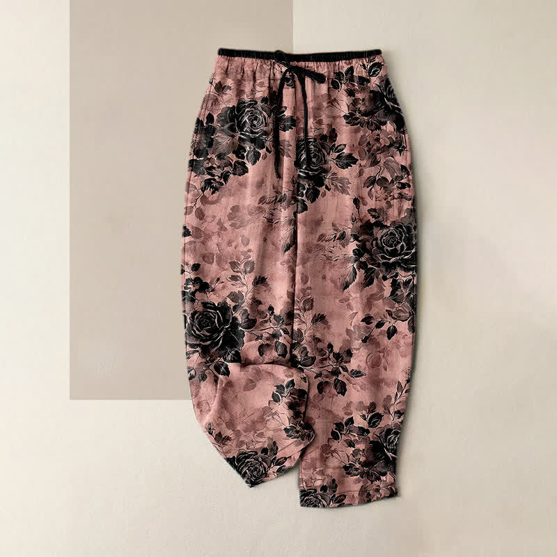 Buddha Stones Pantalones de mujer de algodón puro con estampado de rosas, cintura elástica, cordón ajustable y bolsillos. - Coral claro - US16，UK/AU20，EU48 (3XL) - image 8