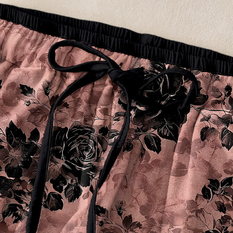 Buddha Stones Pantalones de mujer de algodón puro con estampado de rosas, cintura elástica, cordón ajustable y bolsillos. - image 9