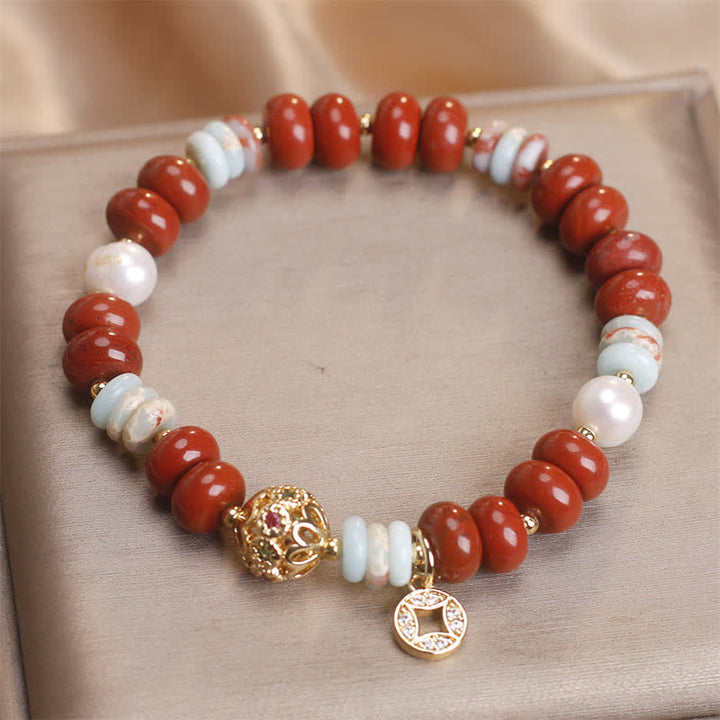 Buddha Stones Pulsera de protección con cuentas de ábaco de piedra Shoushan de jaspe rojo y moneda de cobre - image 1