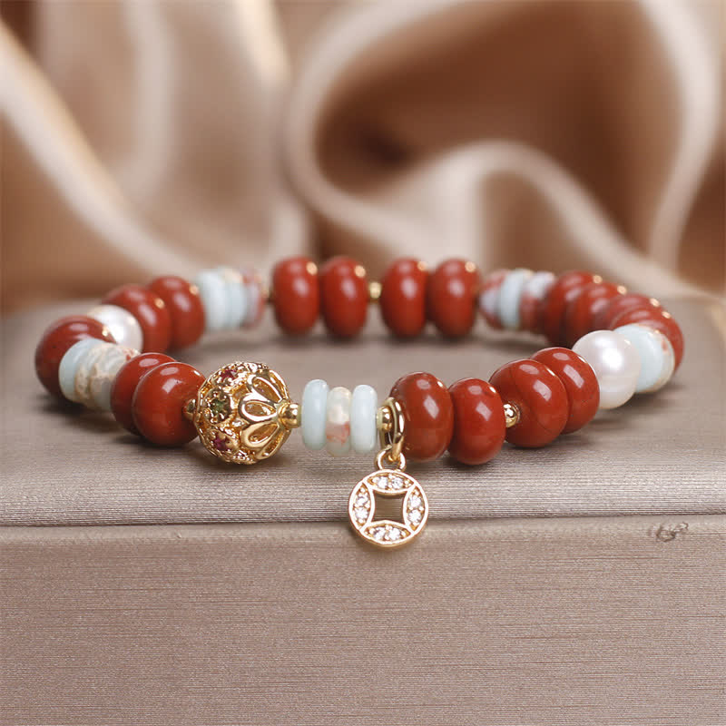 Buddha Stones Pulsera de protección con cuentas de ábaco de piedra Shoushan de jaspe rojo y moneda de cobre - Jaspe rojo (circunferencia de la muñeca: 15-16 cm) - image 0