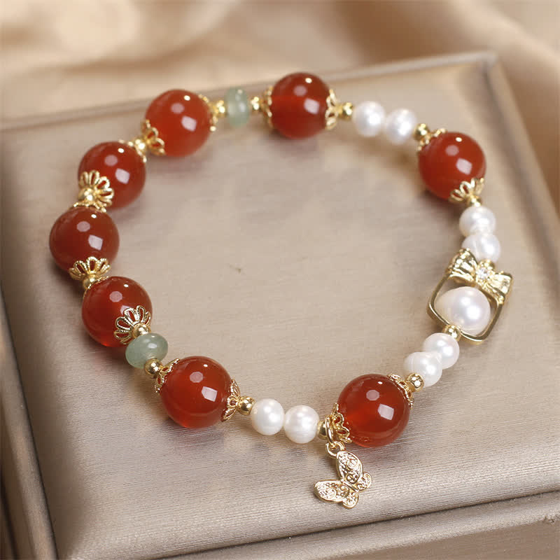 Buddha Stones Pulsera de mariposa de ágata roja natural con perlas y símbolo de autoaceptación - image 1