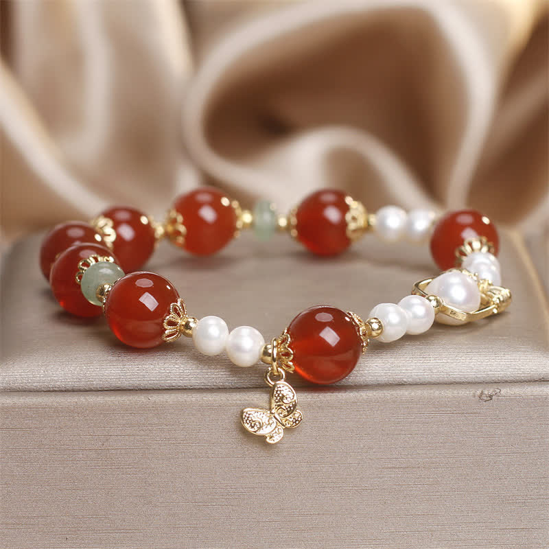 Buddha Stones Pulsera de mariposa de ágata roja natural con perlas y símbolo de autoaceptación - Ágata roja (circunferencia de la muñeca: 15-16 cm) - image 0