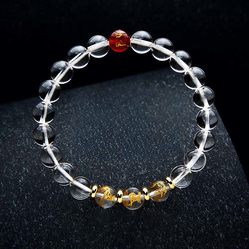 Buddha Stones Pulsera de cuarzo transparente con el zodíaco chino para la sanación - Perro caballo tigre - Cuentas de 8 mm (circunferencia de la muñeca: 15-16 cm) - image 1