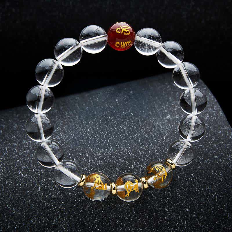 Buddha Stones Pulsera de cuarzo transparente con el zodíaco chino para la sanación - Perro caballo tigre - Cuentas de 12 mm (circunferencia de la muñeca: 17–18 cm) - image 3
