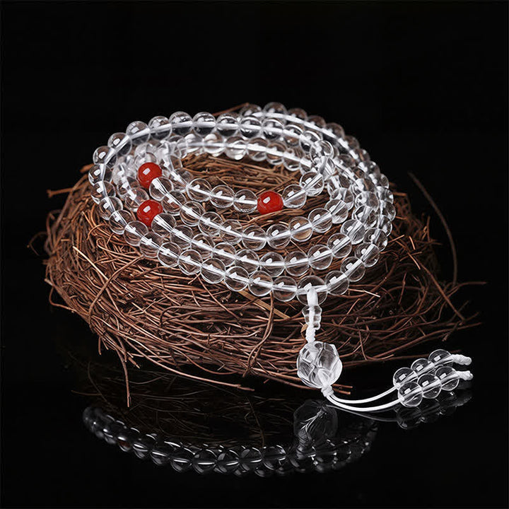 Buddha Stones Mala de iluminación Liuli Lotus de 108 cuentas redondas - Cuentas rojas Hilo blanco - image 0