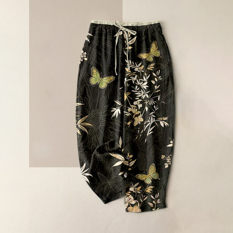 Buddha Stones Pantalones de mujer de algodón puro con estampado de mariposas, hojas y flores, con cordón ajustable y bolsillos. - Negro - US16，UK/AU20，EU48 (3XL) - image 0