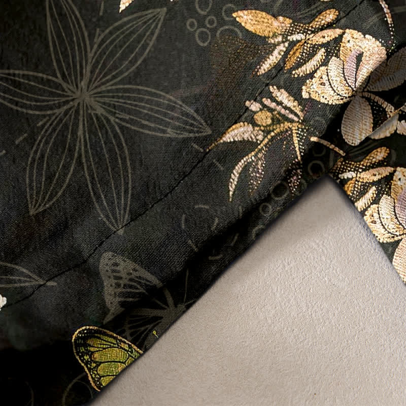 Buddha Stones Pantalones de mujer de algodón puro con estampado de mariposas, hojas y flores, con cordón ajustable y bolsillos. - image 1