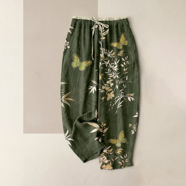 Buddha Stones Pantalones de mujer de algodón puro con estampado de mariposas, hojas y flores, con cordón ajustable y bolsillos. - Verde oliva oscuro - US16，UK/AU20，EU48 (3XL) - image 4