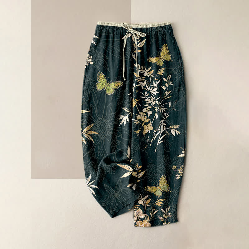 Buddha Stones Pantalones de mujer de algodón puro con estampado de mariposas, hojas y flores, con cordón ajustable y bolsillos. - Gris pizarra oscuro - US16，UK/AU20，EU48 (3XL) - image 5