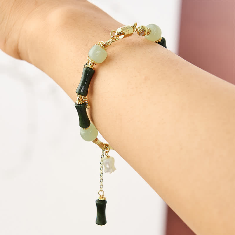 Buddha Stones Pulsera ajustable de jade hetian, peridoto, bambú y lirio del valle, símbolo de riqueza y fidelidad. - image 1