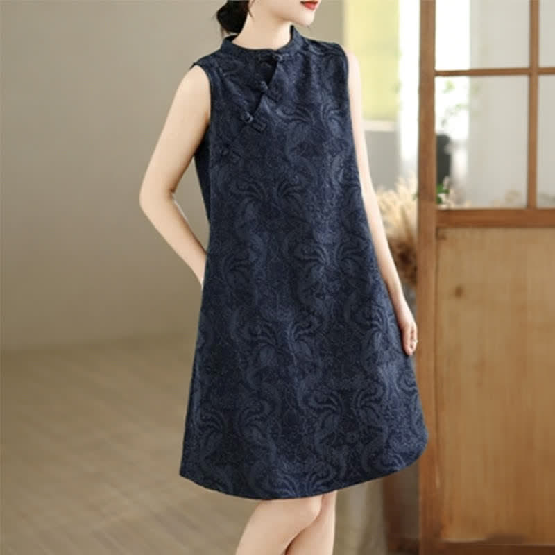 Buddha Stones Minivestido de algodón sin mangas con cuello mandarín, botones de rana y estampado jacquard, con bolsillos. - image 13